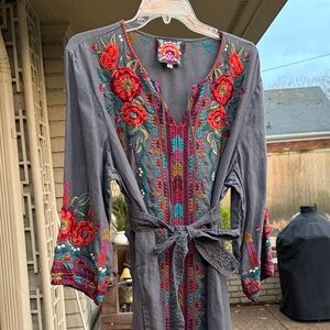 Johnny Was Gray Dress with Red and Blue Embroidery